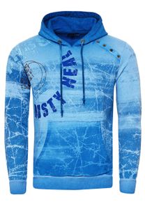 Moderner Herren Kapuzen-Pullover Oil-Washed Hoodie mit dekorativer Knopfleiste Sweatshirt 19129 Blau