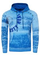 Sudadera moderna con capucha para hombre, con efecto lavado al aceite y botones decorativos, modelo 19129, color azul.