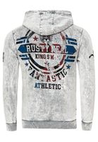 Striking men's hooded pullover, oil-washed hoodie with vintage prints and button detail, sweater 19130 grey