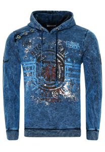 Straordinario pullover con cappuccio da uomo, felpa con cappuccio lavata a olio con stampe vintage e dettaglio con bottoni, maglione 19130 blu navy