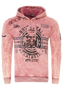 Striking men's hooded pullover, oil-washed hoodie with vintage prints and button detail, sweater 19130, pink