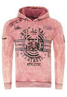 Striking men's hooded pullover, oil-washed hoodie with vintage prints and button detail, sweater 19130, pink
