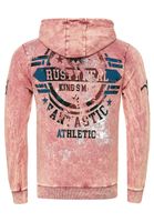 Striking men's hooded pullover, oil-washed hoodie with vintage prints and button detail, sweater 19130, pink