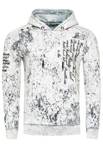 Modern men's hooded pullover, oil-washed hoodie with quilted pattern and lettering prints, sweater 19131, white