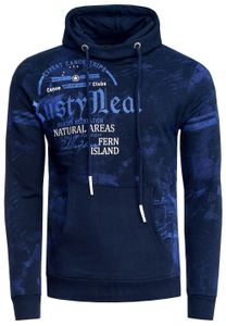 Men's sporty hooded sweatshirt with vintage prints and kangaroo pocket, navy blue, 19135