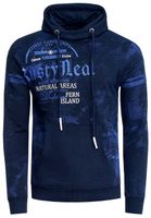 Men's sporty hooded sweatshirt with vintage prints and kangaroo pocket, navy blue, 19135