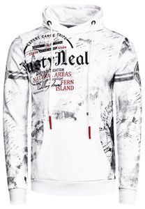 Men's sporty hooded sweatshirt with vintage prints and kangaroo pocket, white, 19135