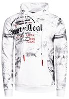 Men's sporty hooded sweatshirt with vintage prints and kangaroo pocket, white, 19135
