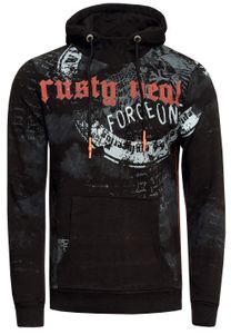 Modern men's hooded sweatshirt with striking graphic print, high-collar hoodie, sweater 19136, black