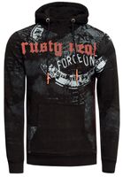 Modern men's hooded sweatshirt with striking graphic print, high-collar hoodie, sweater 19136, black