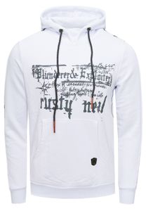 Modern men's hooded sweatshirt with star prints on the sleeves, hoodie with kangaroo pocket, sweater 19138, white