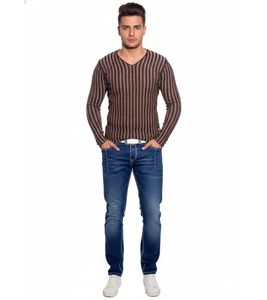 Modern men's knit sweater with striped pattern, slim fit, V-neck sweater 3174 brown
