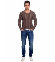 Modern men's knit sweater with striped pattern, slim fit, V-neck sweater 3174 brown