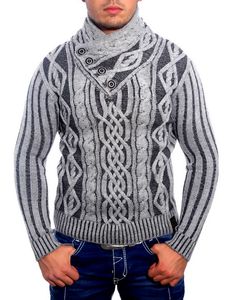 Stylish men's knitted sweater, cable knit pattern, stand-up collar sweater 3176 anthracite