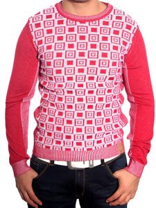 Modern men's knit sweater, check pattern, textured knit, crew neck sweater 3178 Red