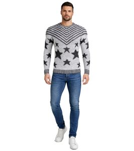 Modischer Herren Rundhals-Pullover im "USA Stars & Stripes"-Design Strick-Sweater 6263 Grau