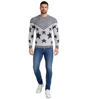 Pull homme tendance à col rond, motif « USA Stars & Stripes », en maille grise (réf. 6263).