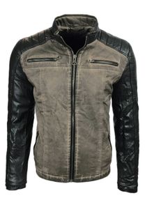 Stylische Herren Biker-Jacke Washed Look Kunstleder Ärmel Slim Fit Übergangs-Jacke 8834 Beige