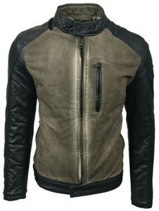 Urbane Herren Biker-Jacke Washed Look mit Kunstleder Ärmeln Slim Fit Übergangs-Jacke 8835 Beige