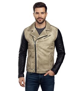 Blouson motard homme décontracté, effet délavé, manches en similicuir, coupe ajustée, idéal pour la mi-saison (réf. 8837, beige).