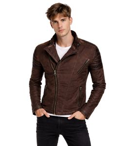 Blouson de motard tendance pour homme, aspect délavé avec manches en similicuir, coupe ajustée, idéal pour la mi-saison, marron 8840