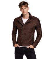 Blouson de motard tendance pour homme, aspect délavé avec manches en similicuir, coupe ajustée, idéal pour la mi-saison, marron 8840