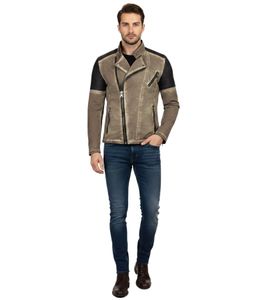 Blouson de motard tendance pour homme, aspect délavé avec manches en similicuir, coupe ajustée, idéal pour la mi-saison, coloris Camel 8840