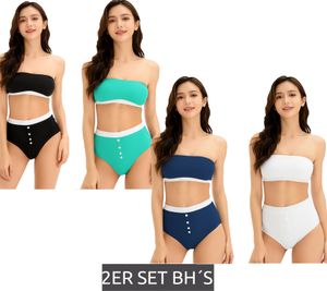 Lot de 2 soutiens-gorge bandeau femme, sans bretelles, en coton bio, sans armatures, noir/turquoise ou bleu foncé/blanc