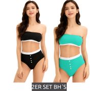 2-Pack Women's Bandeau Bras, Strapless, Organic Cotton, Wire-Free, Black/Turquoise or Dark Blue/White