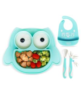 Assiette bébé antidérapante en silicone Brunoko, ensemble 3 en 1 : assiette + cuillère + bavoir avec bac récupérateur en silicone, sans BPA, vert menthe
