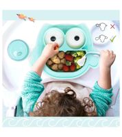 Non-slip Brunoko Silicone Baby Plate 3-in-1 Baby Plate Set + Baby Spoon + Bib with Silicone Drip Tray, BPA-free, Mint Green