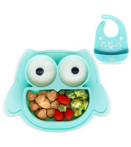 Assiette bébé antidérapante en silicone Brunoko, ensemble 2 en 1 avec bavoir et bac récupérateur de graisse, sans BPA, vert menthe