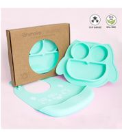 Non-slip Brunoko Silicone Baby Plate 2-in-1 Baby Plate Set with Bib and Silicone Drip Tray, BPA-free, Mint Green