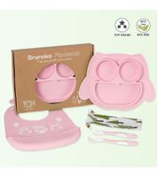 Non-slip Brunoko Silicone Baby Plate 3-in-1 Baby Plate Set + Baby Spoon + Bib with Silicone Catch Tray, BPA-free, Pink