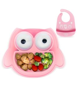 Assiette bébé antidérapante en silicone Brunoko, ensemble 2 en 1 avec bavoir et plateau récupérateur, sans BPA, rose