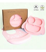 Non-slip Brunoko Silicone Baby Plate 2-in-1 Baby Plate Set with Bib and Catch Tray, BPA-free, Pink