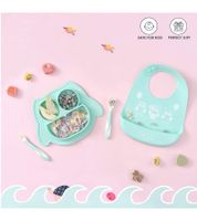 Rutschfestes Brunoko Silikon-Babyteller 3-in-1 Baby-Tellerset + Babylöffel + Lätzchen mit Auffangschale aus Silikon BPA-frei Rosa oder Mint-Grün