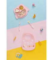 Rutschfestes Brunoko Silikon-Babyteller 3-in-1 Baby-Tellerset + Babylöffel + Lätzchen mit Auffangschale aus Silikon BPA-frei Rosa oder Mint-Grün