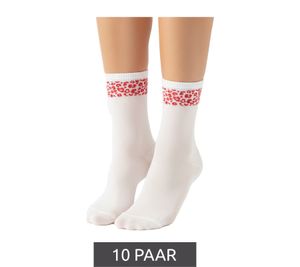 Lot de 10 paires de chaussettes de tennis confortables ZWILLINGSHERZ pour femme, motif léopard, chaussettes de tous les jours, en coton, référence 4603S K248144, blanc/rouge