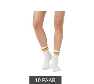Lot de 10 paires de chaussettes de tennis confortables ZWILLINGSHERZ pour femme, motif arc-en-ciel, chaussettes de tous les jours, en coton 4603S K248143 Blanc/Rose/Bleu/Vert/Orange/Jaune