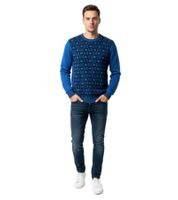 Elegante e trendy maglione in maglia con un moderno motivo geometrico. Maglione a maglia fine 3178 Blu