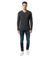 Pull homme noir à col V en maille fine, coupe slim moderne, réf. 3174
