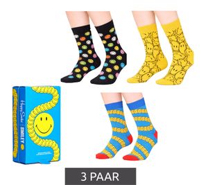 Confezione regalo da 3 paia di calzini unisex in cotone Happy Socks con stampa smiley, perfetti per tutti i giorni, in scatola regalo XSMY08-6700 Giallo/Nero/Blu