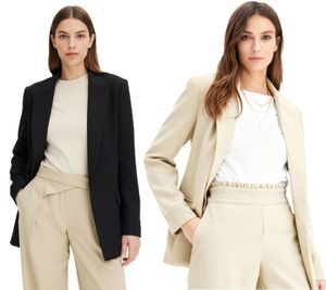 Blazer clásico de lino para mujer con forro a rayas, corte holgado, 968952 Negro o 965058 Beige