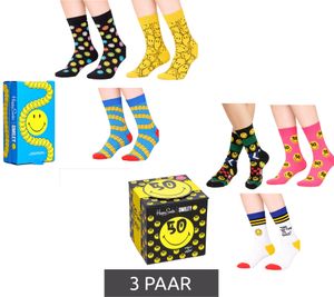 Confezione regalo da 3 paia di calzini unisex in cotone Happy Socks con stampa smiley, perfetti per tutti i giorni, in scatola regalo gialla/nera/blu o nera/rosa/bianca.