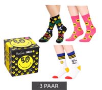 3 Paar Happy Socks Unisex Baumwoll-Socken Sparpack mit Smiley-Print Alltags-Strümpfe in Geschenk-Box Gelb/Schwarz/Blau oder Schwarz/Pink/Weiß