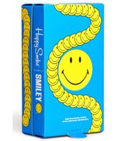 3 Paar Happy Socks Unisex Baumwoll-Socken Sparpack mit Smiley-Print Alltags-Strümpfe in Geschenk-Box Gelb/Schwarz/Blau oder Schwarz/Pink/Weiß