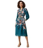 Vestido midi de alta calidad para mujer, manga larga, botones, ramio, con cinturón 978291 Verde/Multicolor