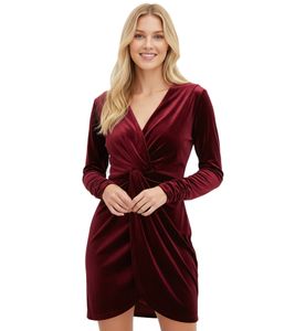 Vestido de fiesta corto de terciopelo para mujer, estilo atemporal, con mangas largas, 923699, color rojo burdeos