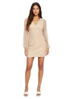 Robe de soirée mini extravagante pour femme, ornée de fils pailletés et à manches longues, réf. 974022, couleur or